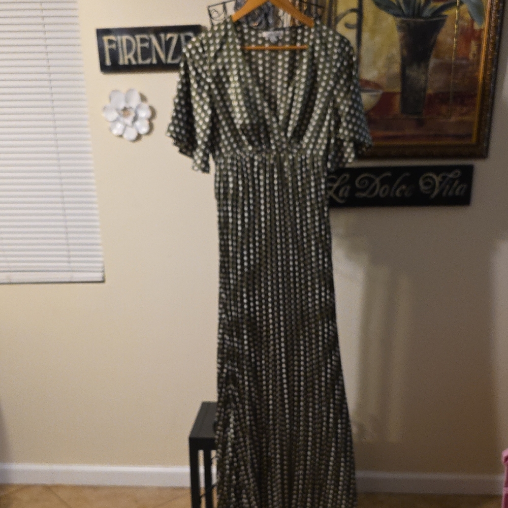 Dress Day Elegant Grayish/Green and White Polka Dot Dress Womens Size Large